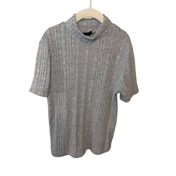 Gray Ribbed Sweater Tee Short Sleeve Mock Neck S - Y2K Style Forever 21 - Picture 1 of 6